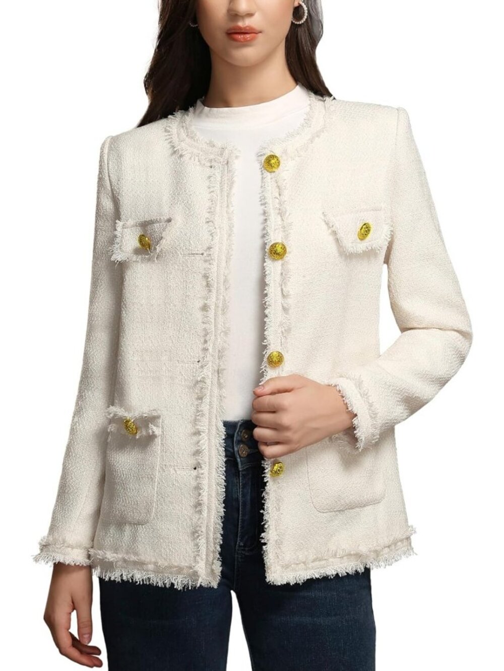 Chic Tweed Blazer with Pockets, Collarless Long Jacket for Women - Stylish